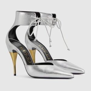 NIB Gucci Priscilla silver leather gold stiletto heel pumps IT 37.5 US 7.5